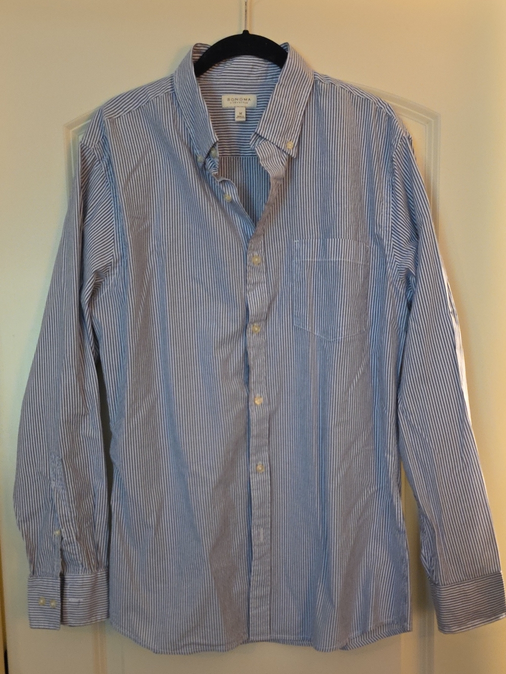 Sonoma Men's Blue and White Thin-Stripe Button-Down Shirt